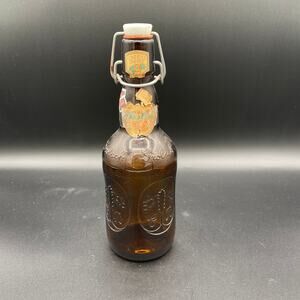 Vintage Grolsch Beer Bottle W/ Porcelain Top, Brown Amber Glass, Embossed 16 Oz
